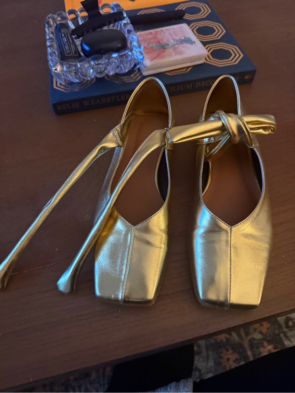 Metallic Gold Mary Jane Ballet Flats – Square Toe Bow Flats size 6 - Picture 9 of 9